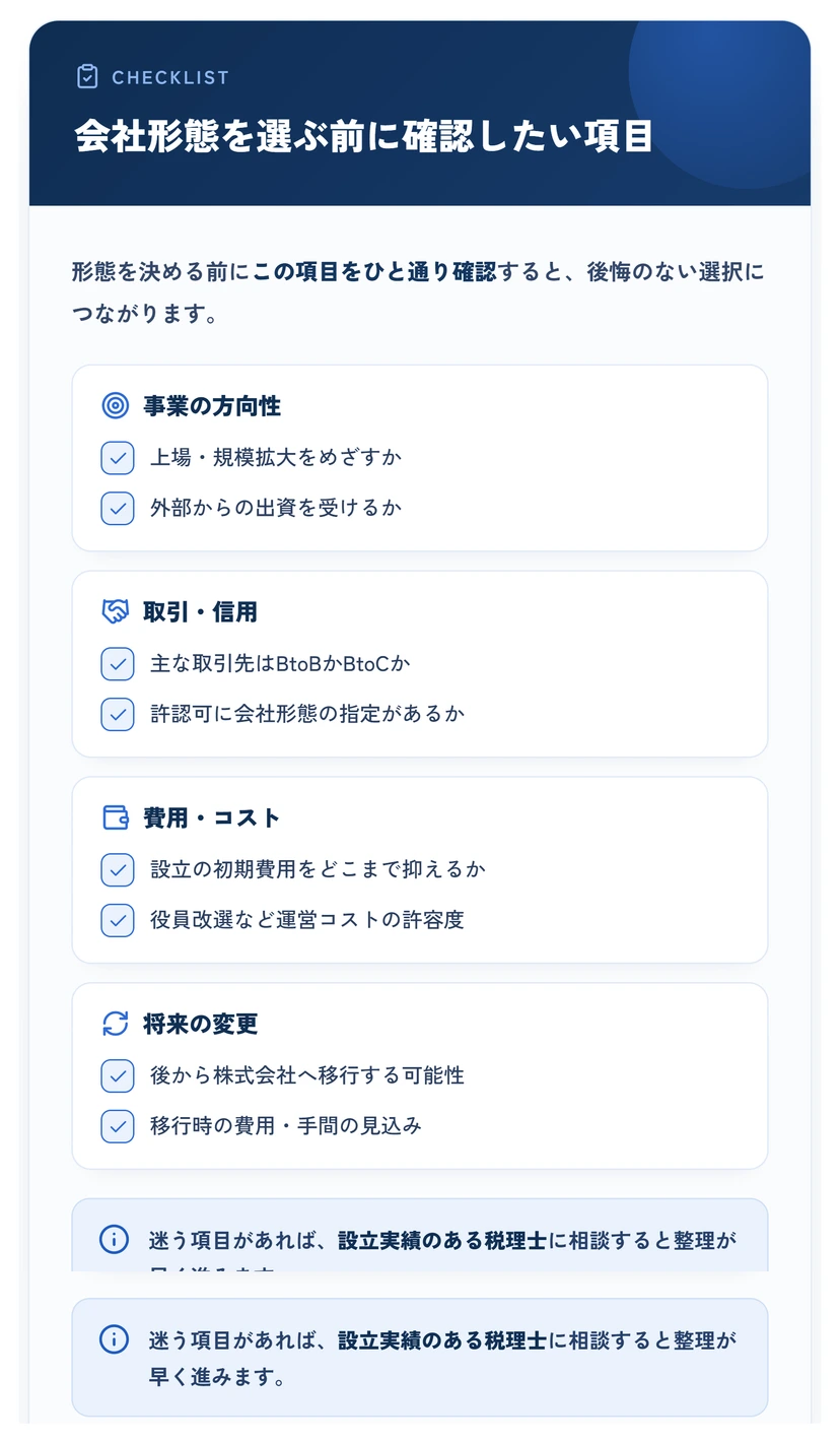 会社形態を選ぶ前に確認したいチェックリスト（事業の方向性・取引信用・費用コスト・将来の変更）
