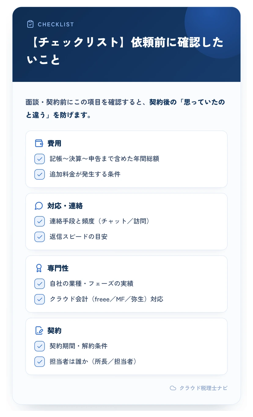 税理士へ依頼する前に確認したいチェックリスト（費用・対応・専門性・契約）